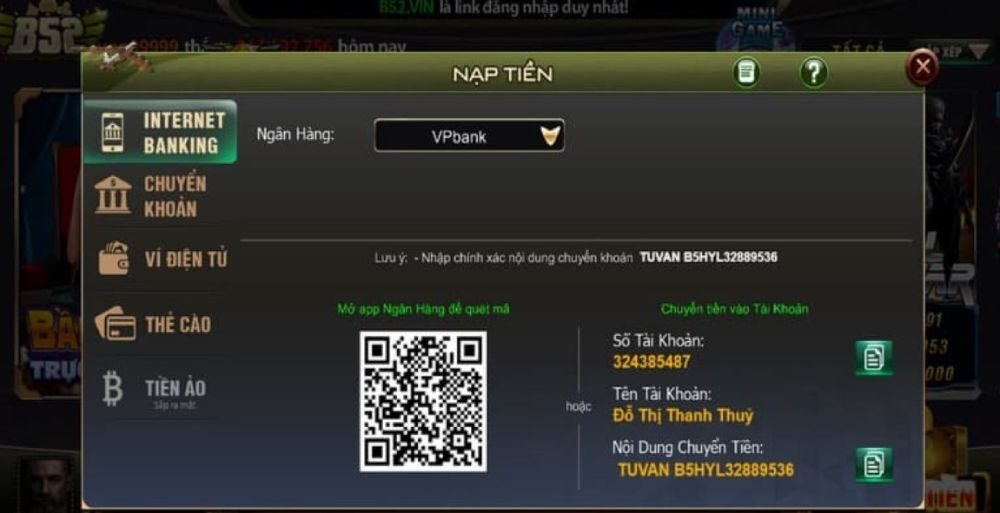 B52club cung cấp đa dạng phương thức nạp tiền