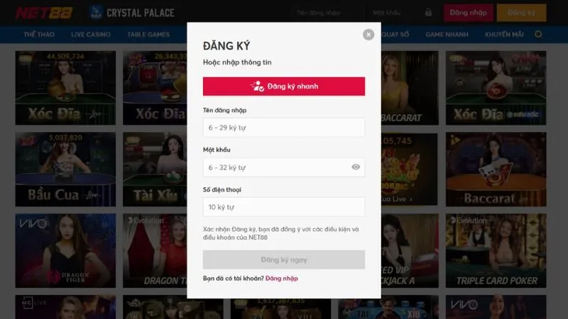 Giao diện đăng ký tham gia chơi game tại nhà cái Net88