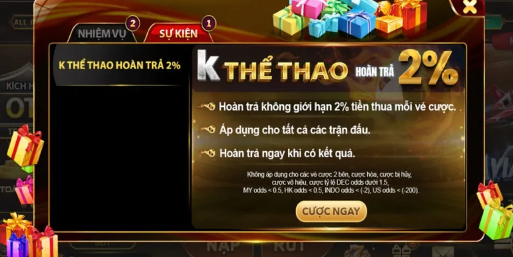Sảnh cá cược K thể thao hoàn vé cược đến 2%