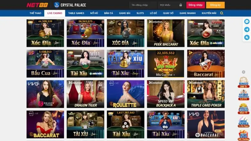 Đa dạng các sản phẩm để trải nghiệm tại sảnh Live Casino Net88