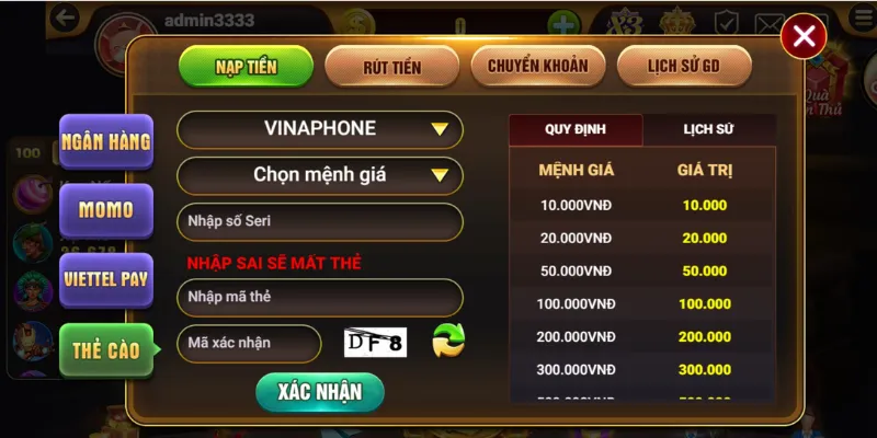 Tại trang chủ Hitclub chọn nạp tiền và lựa chọn phương thức thẻ cào